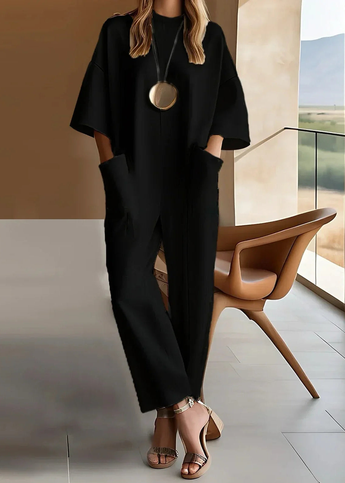 Women's Elegant Short-Sleeve Jumpsuit with Relaxed Fit and Straight-Leg Pants
