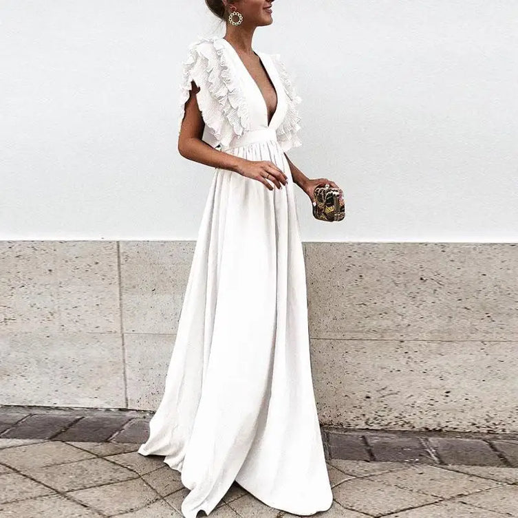 Ruffle Maxi Dress with Deep V-Neck for Elegant Occasions