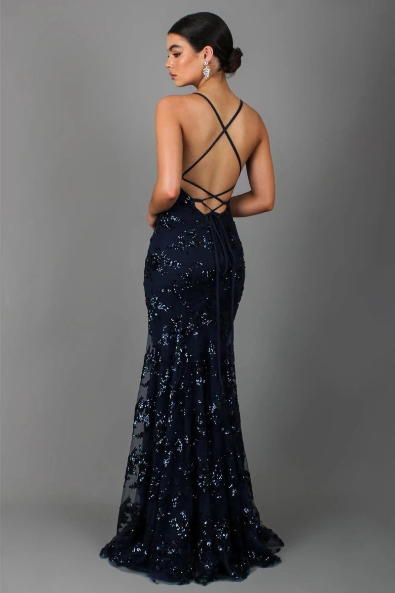 Floor-Length Open Back Evening Gown with Strap Detail