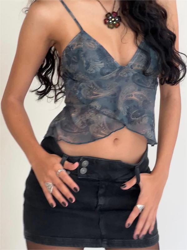 Crossed Mesh Camisole Top Mesh Slim Fit V-Neck