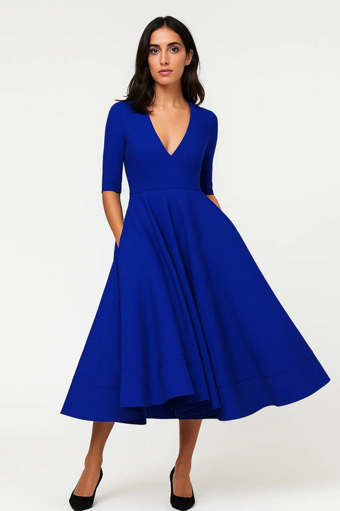 V-Neck Midi Dress with Three-Quarter Sleeves for Chic Looks