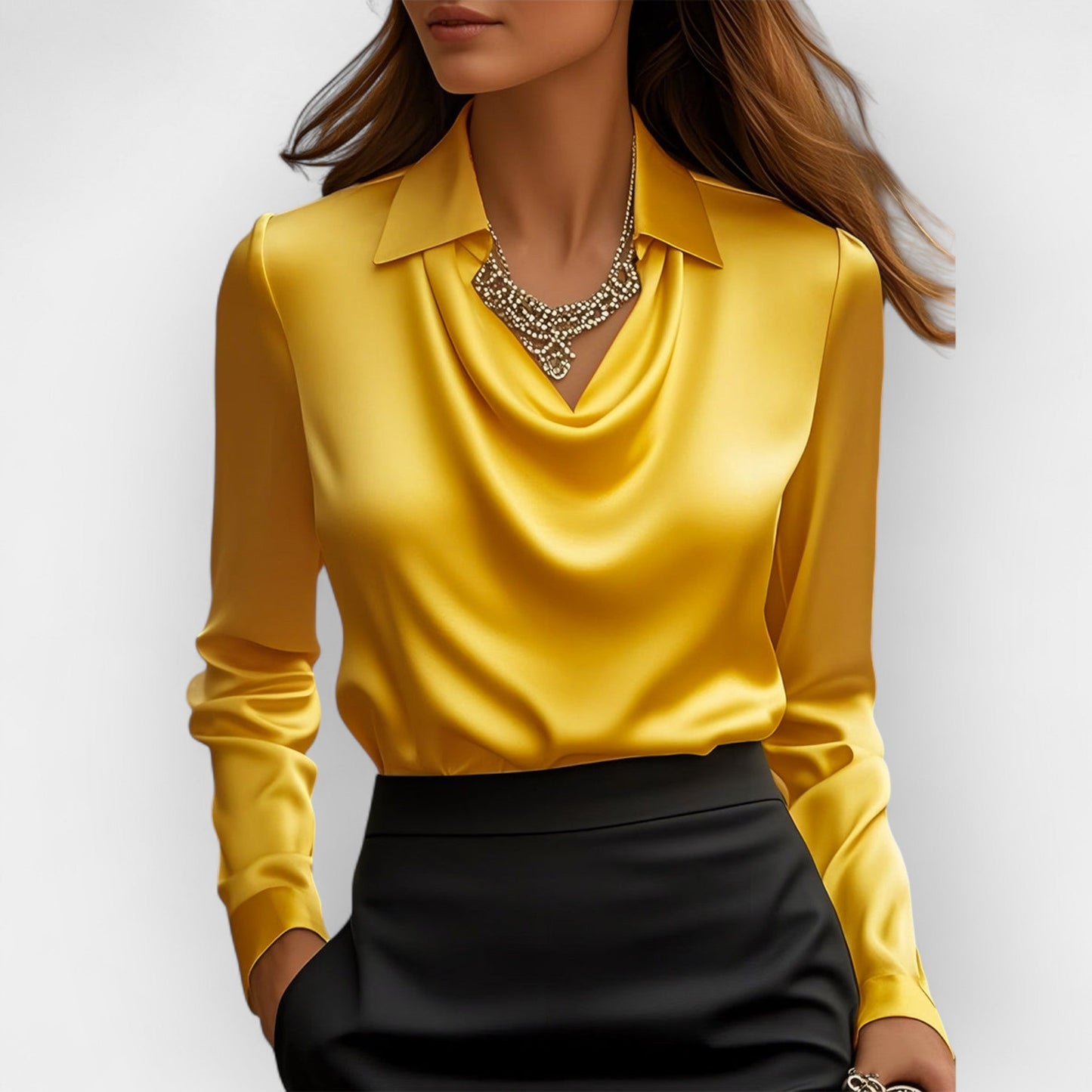 Women's Blouse with Waterfall Collar Smooth, Shiny Material