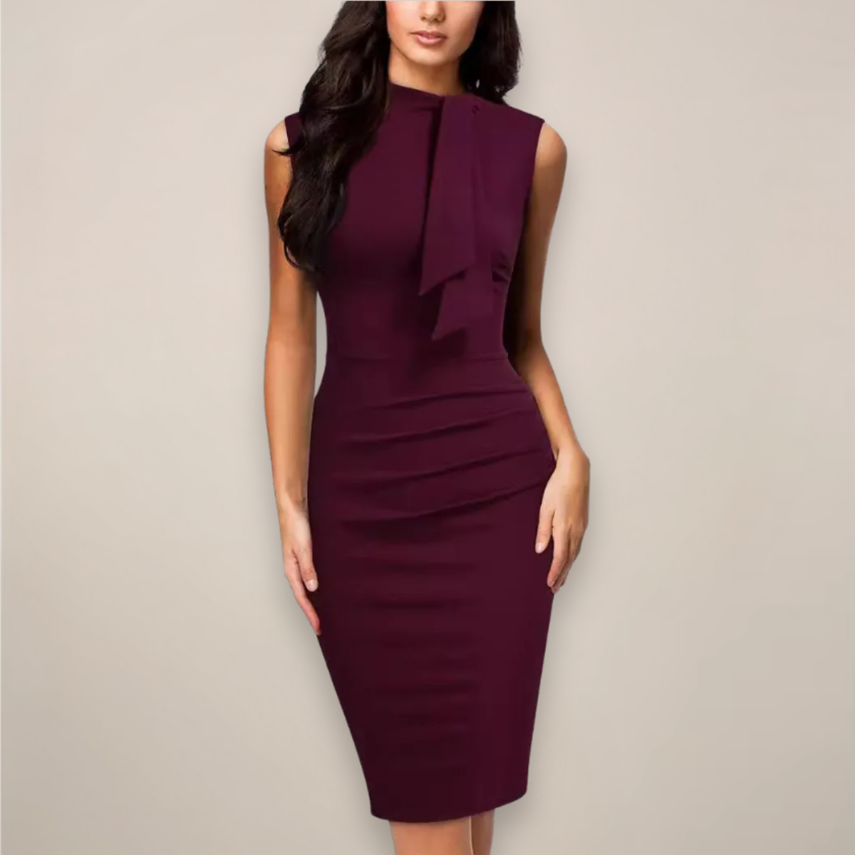 Women's Sleeveless Sheath Midi Dress - High Neck and Ruched Waist