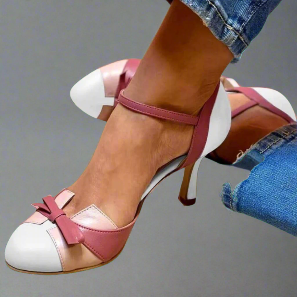 Women's Two-Tone Bow Mary Jane Heels - Slim Stiletto and Ankle Strap