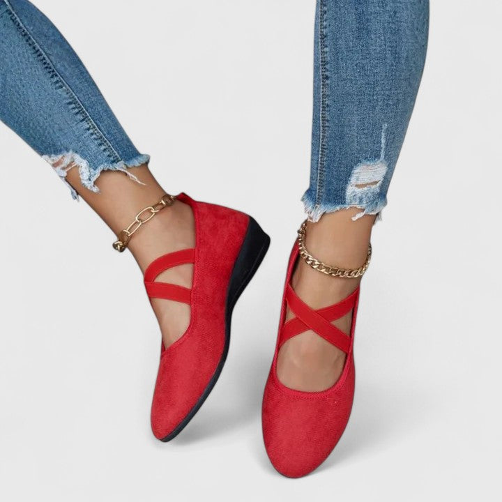 Women's Wedge Shoes - Cross Strap and Flat Sole Detail