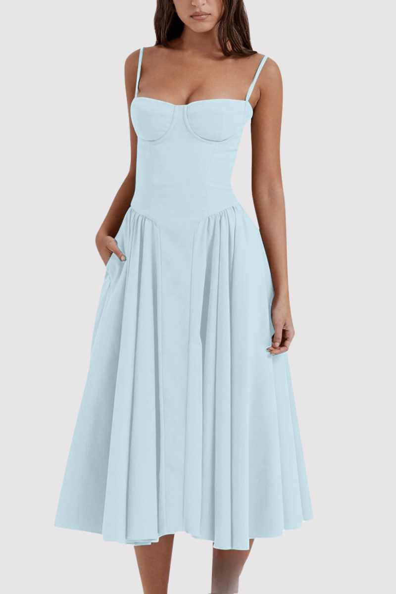 Midi dress with corset top, spaghetti straps, and flared skirt
