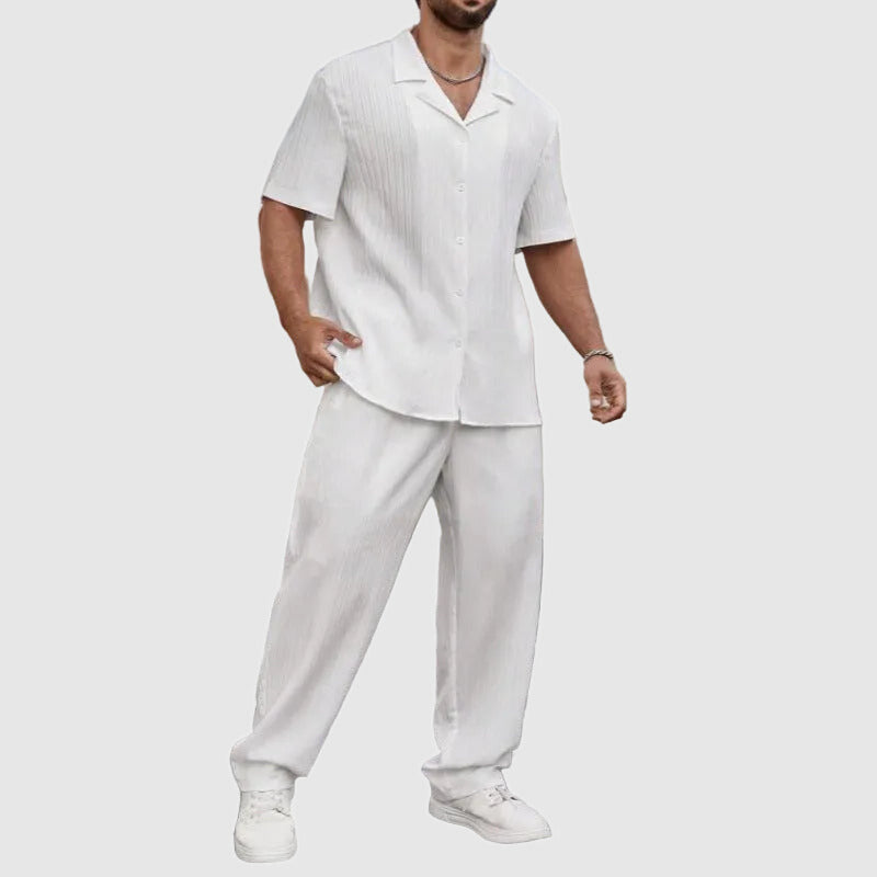 Men’s Short Sleeve Button-Up Pleated Set
