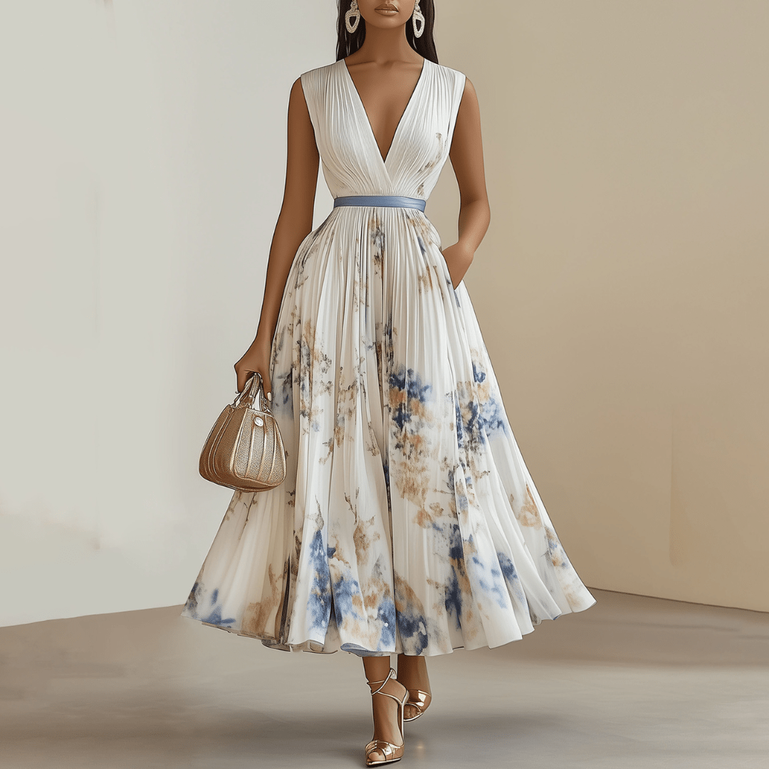 Elegant Pleated Maxi Dress with Floral Pattern