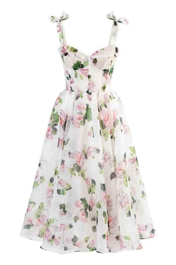 Off-Shoulder Floral Dress with Corset Detail and Voluminous Skirt