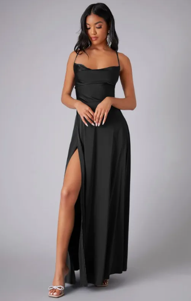Women's Satin Cowl Neck Maxi Dress - Lace-Up Back and Side Slit