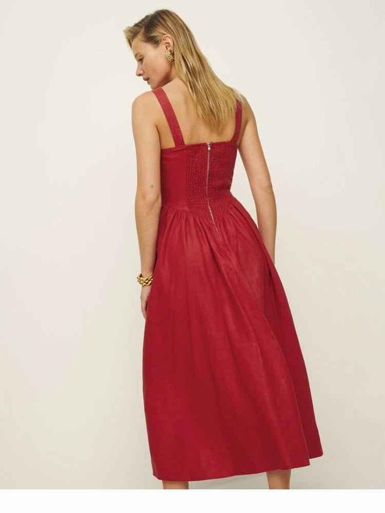 Sleeveless midi dress with ruched bustier and flared skirt linen feel