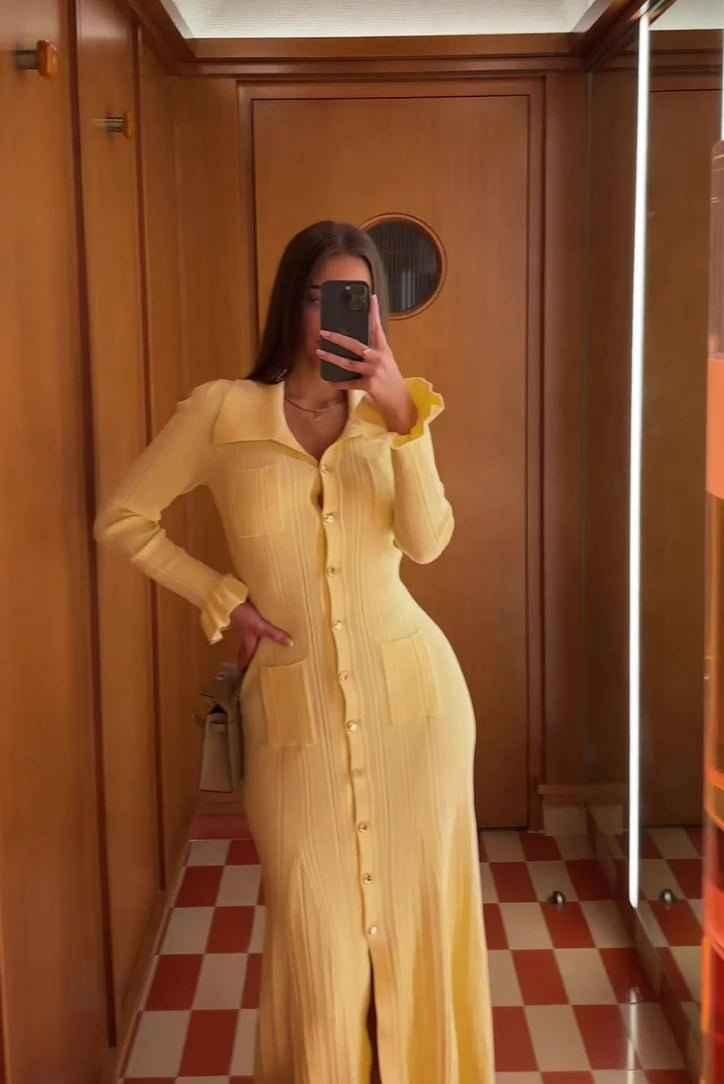 Elegant Shirt Dress with Button Placket in Pastel Yellow