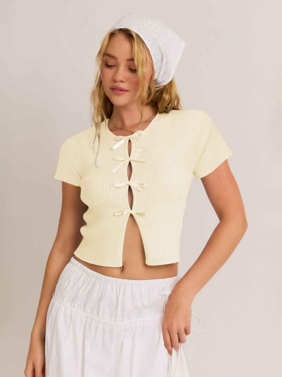 Ribbed Short Sleeve Top with Satin Bow Cut-Out Styling