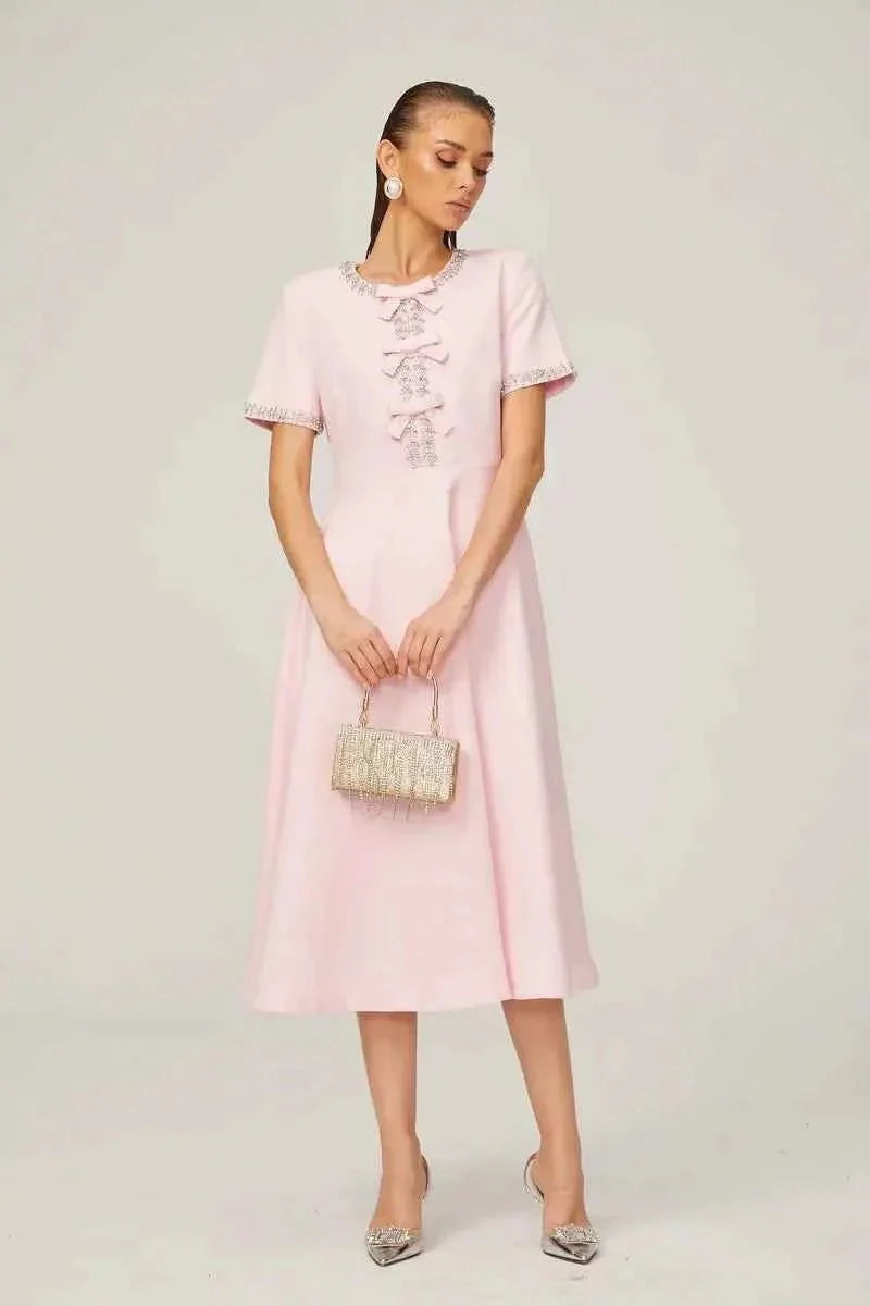 Midi dress with rhinestone details & bow trim