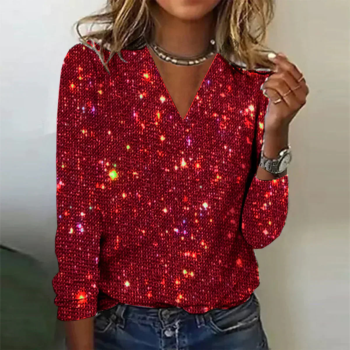 Shiny V-Neck Sweater Sequin Embellishments