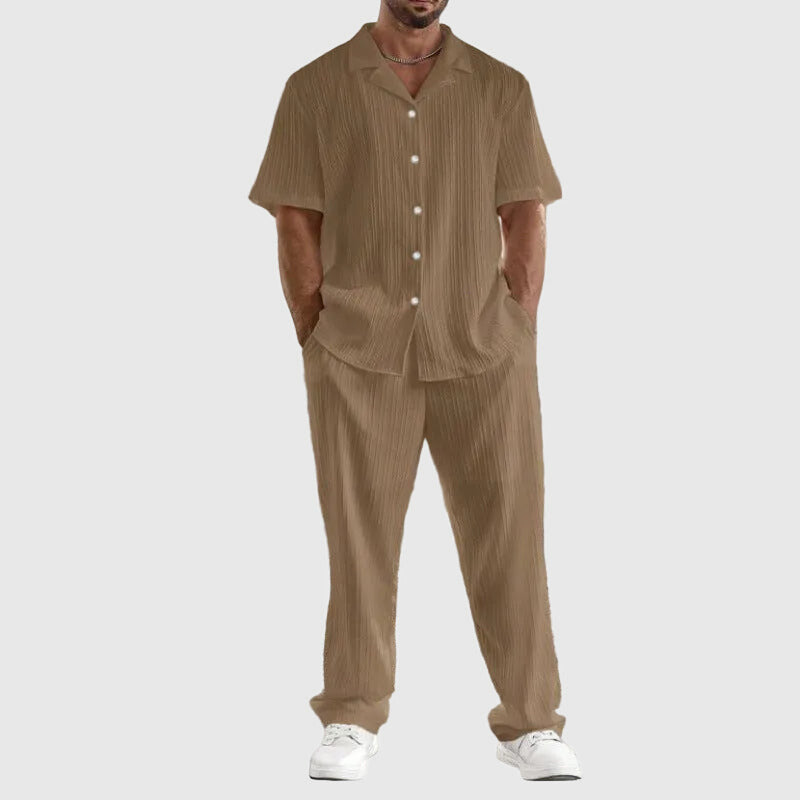 Men’s Short Sleeve Button-Up Pleated Set