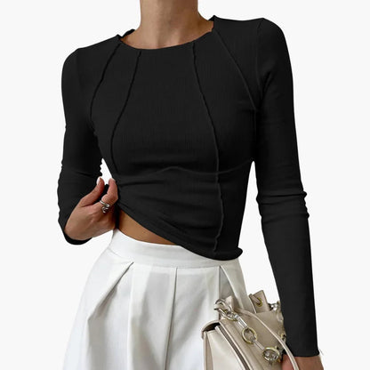 Women's Long Sleeve Top Ribbed Round Neck Fitted Seam Details
