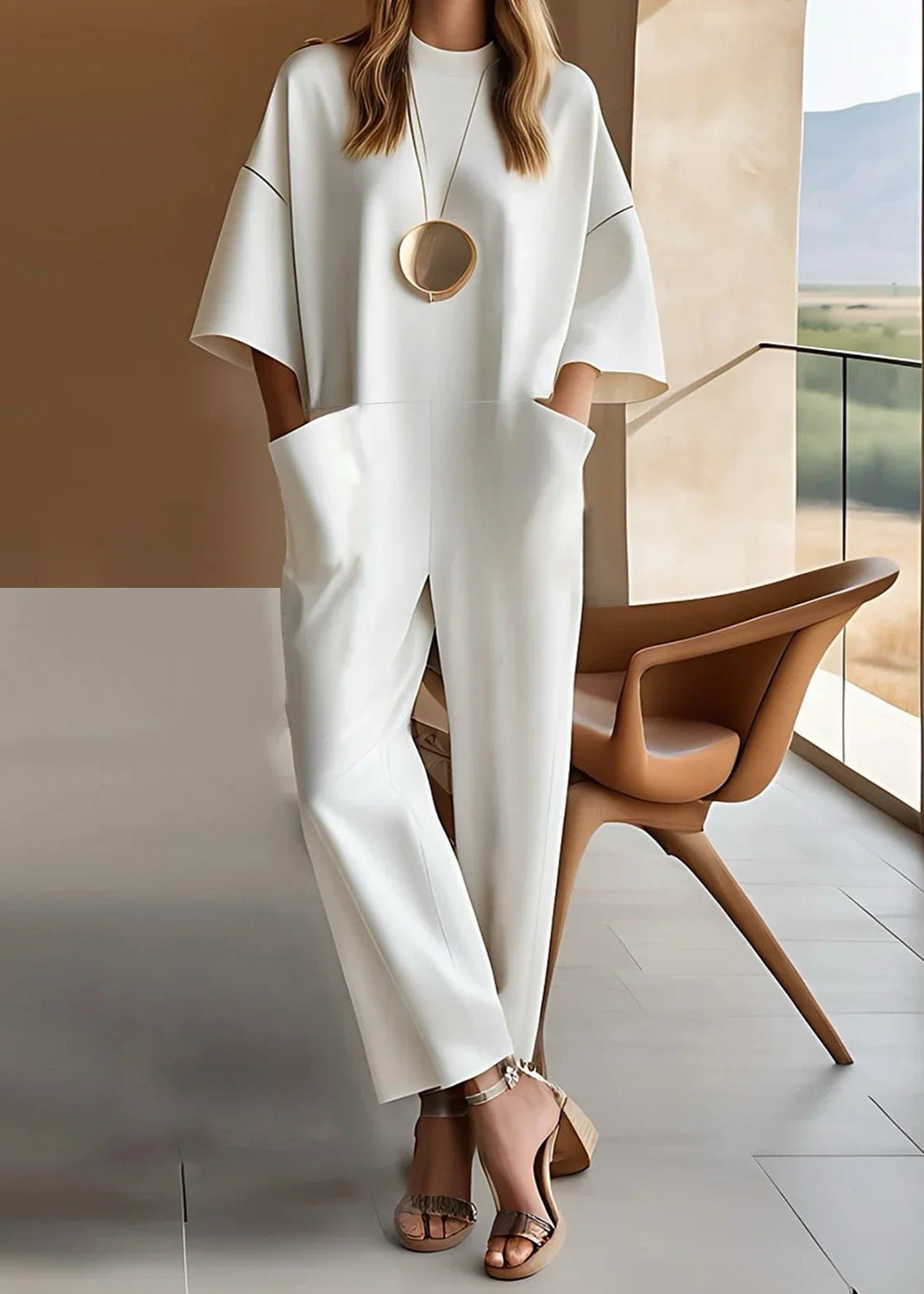 Women's Elegant Short-Sleeve Jumpsuit with Relaxed Fit and Straight-Leg Pants