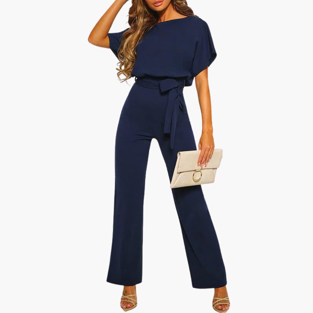 Women's Wide-Leg Jumpsuit with Belted Waist and Scoop Neckline
