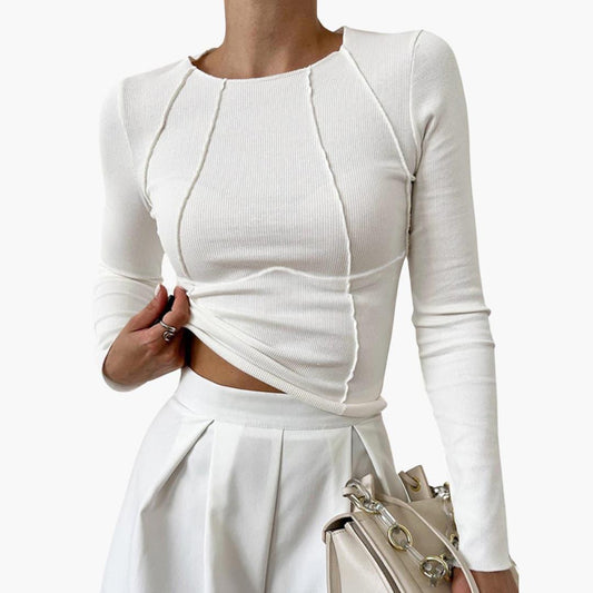 Women's Long Sleeve Top Ribbed Round Neck Fitted Seam Details