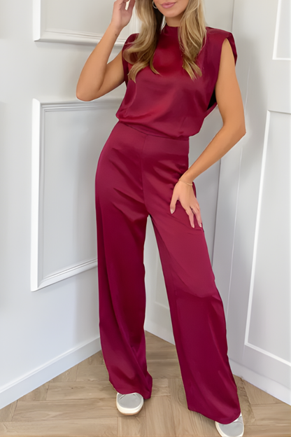 Satin Padded Shoulder Jumpsuit for Elegant Statement Looks