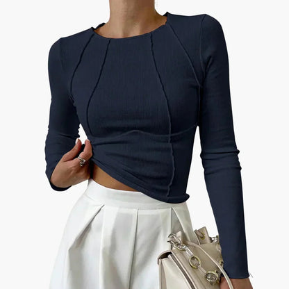 Women's Long Sleeve Top Ribbed Round Neck Fitted Seam Details
