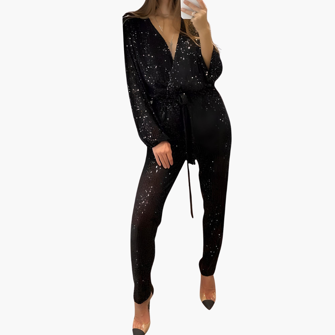 Women's Sequin Jumpsuit with Long Sleeves and V-Neckline