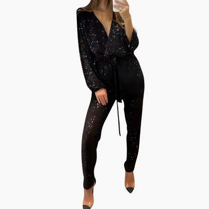 Women's Sequin Jumpsuit with Long Sleeves and V-Neckline