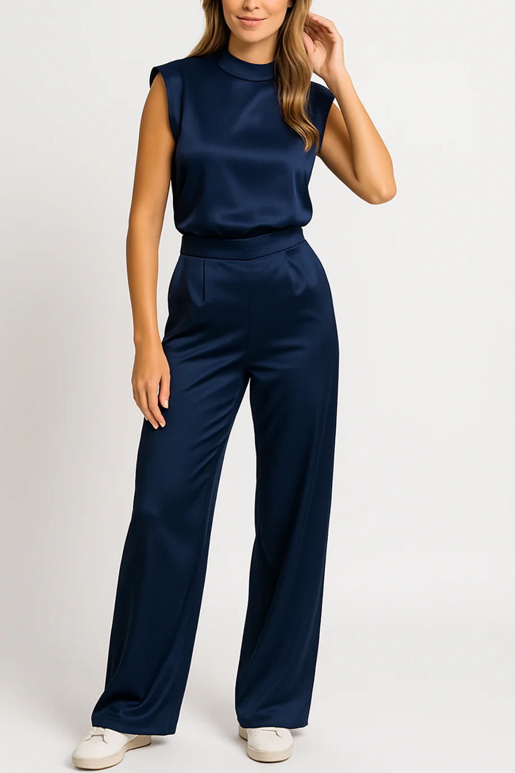 Satin Padded Shoulder Jumpsuit for Elegant Statement Looks