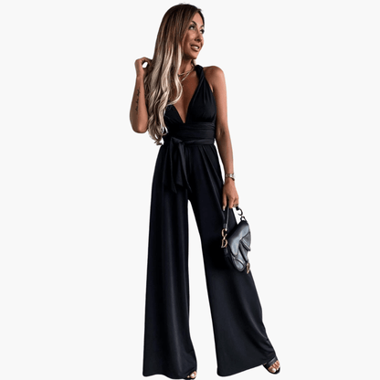 Women's V-Neck Jumpsuit with Wide-Leg Cut and Belt Tie at Waist