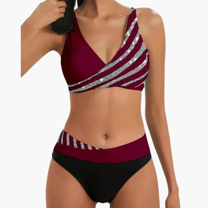 Women’s Two-Piece Bikini Set with Striped and Sparkly Finish