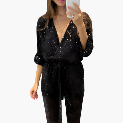 Women's Sequin Jumpsuit with Long Sleeves and V-Neckline