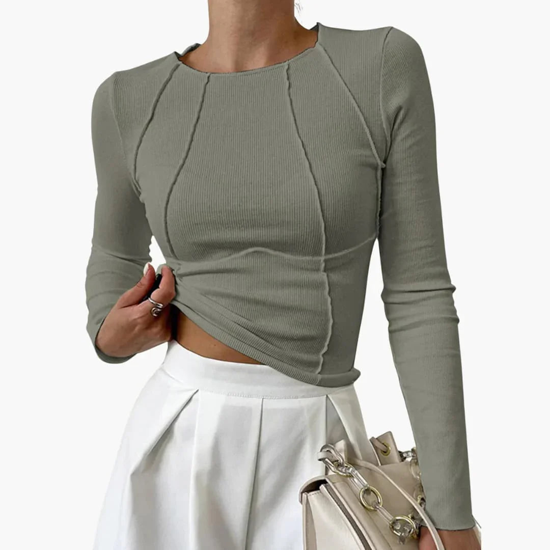Women's Long Sleeve Top Ribbed Round Neck Fitted Seam Details
