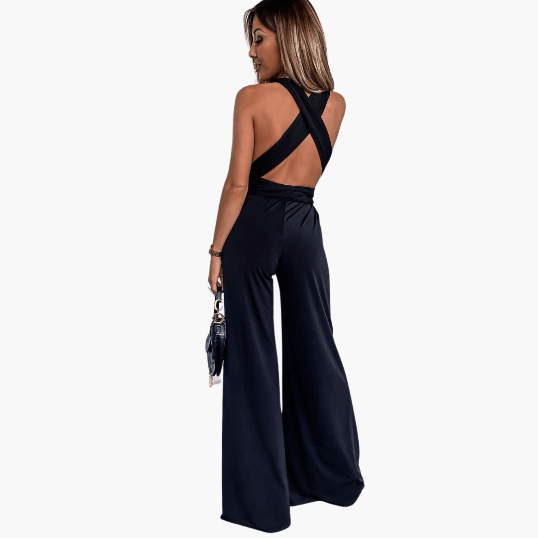 Women's V-Neck Jumpsuit with Wide-Leg Cut and Belt Tie at Waist