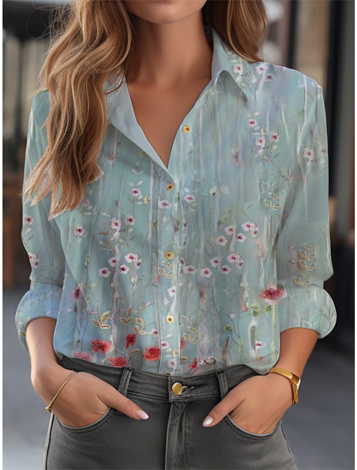 Blouse With Floral Pattern Long Sleeve Button Placket Loose Fit