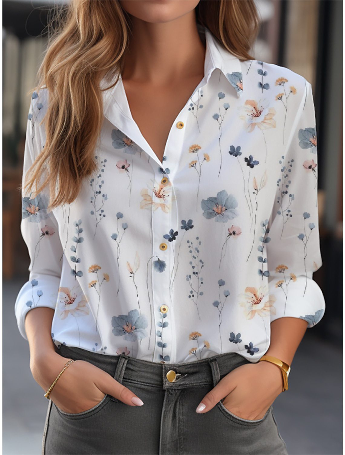 Blouse With Floral Pattern Long Sleeve Button Placket Loose Fit