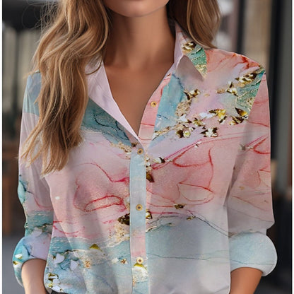 Blouse With Floral Pattern Long Sleeve Button Placket Loose Fit