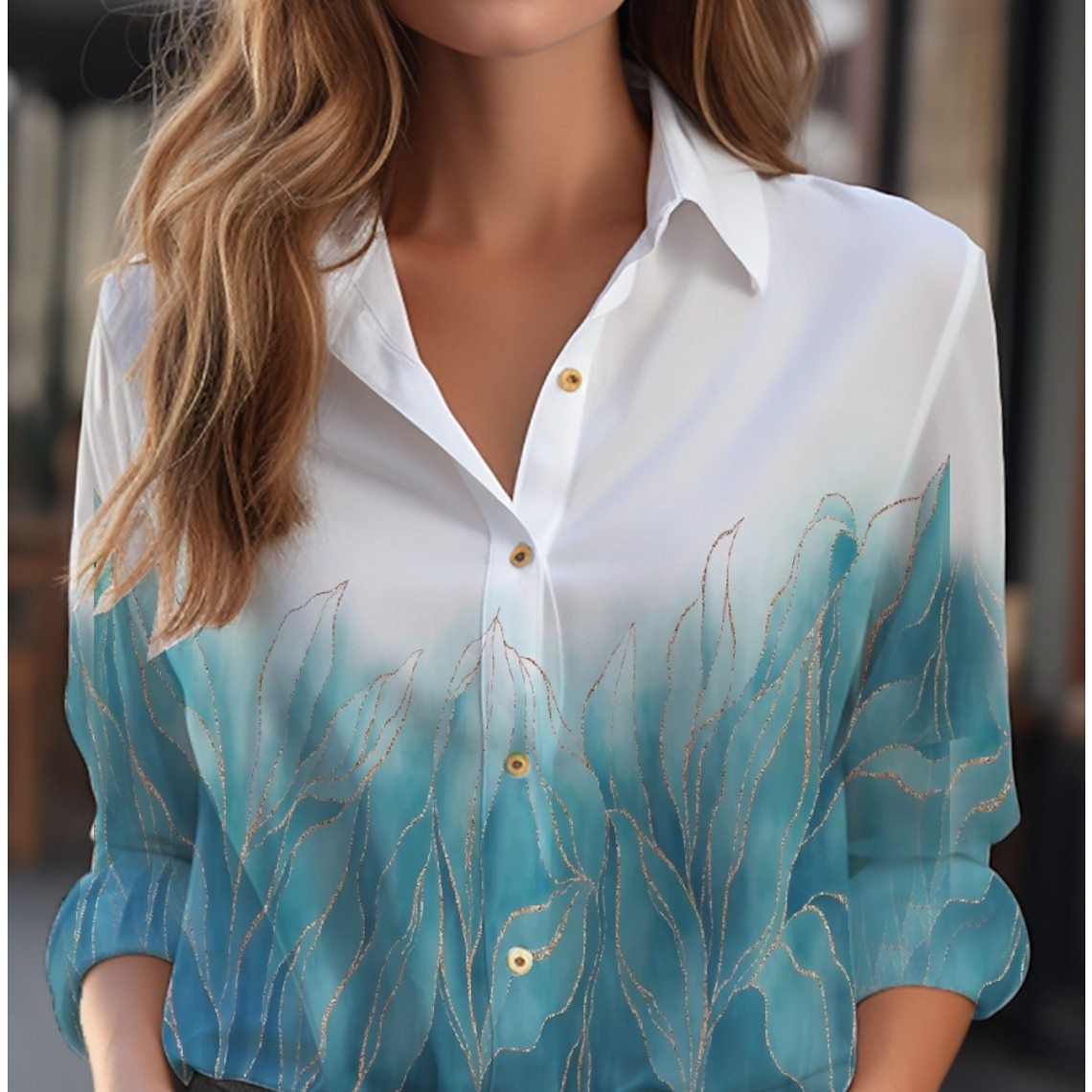 Blouse With Floral Pattern Long Sleeve Button Placket Loose Fit