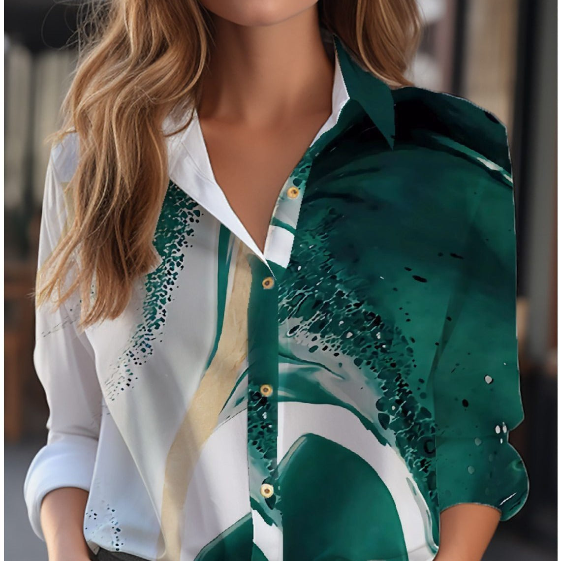 Blouse With Floral Pattern Long Sleeve Button Placket Loose Fit