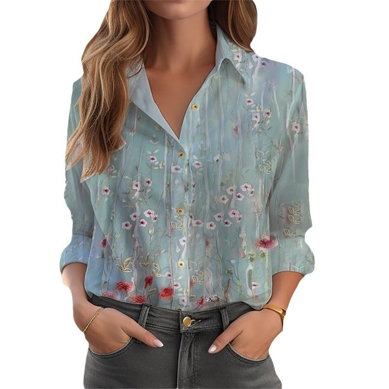 Blouse With Floral Pattern Long Sleeve Button Placket Loose Fit