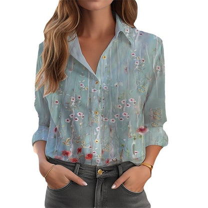 Blouse With Floral Pattern Long Sleeve Button Placket Loose Fit