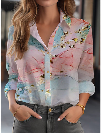 Blouse With Floral Pattern Long Sleeve Button Placket Loose Fit