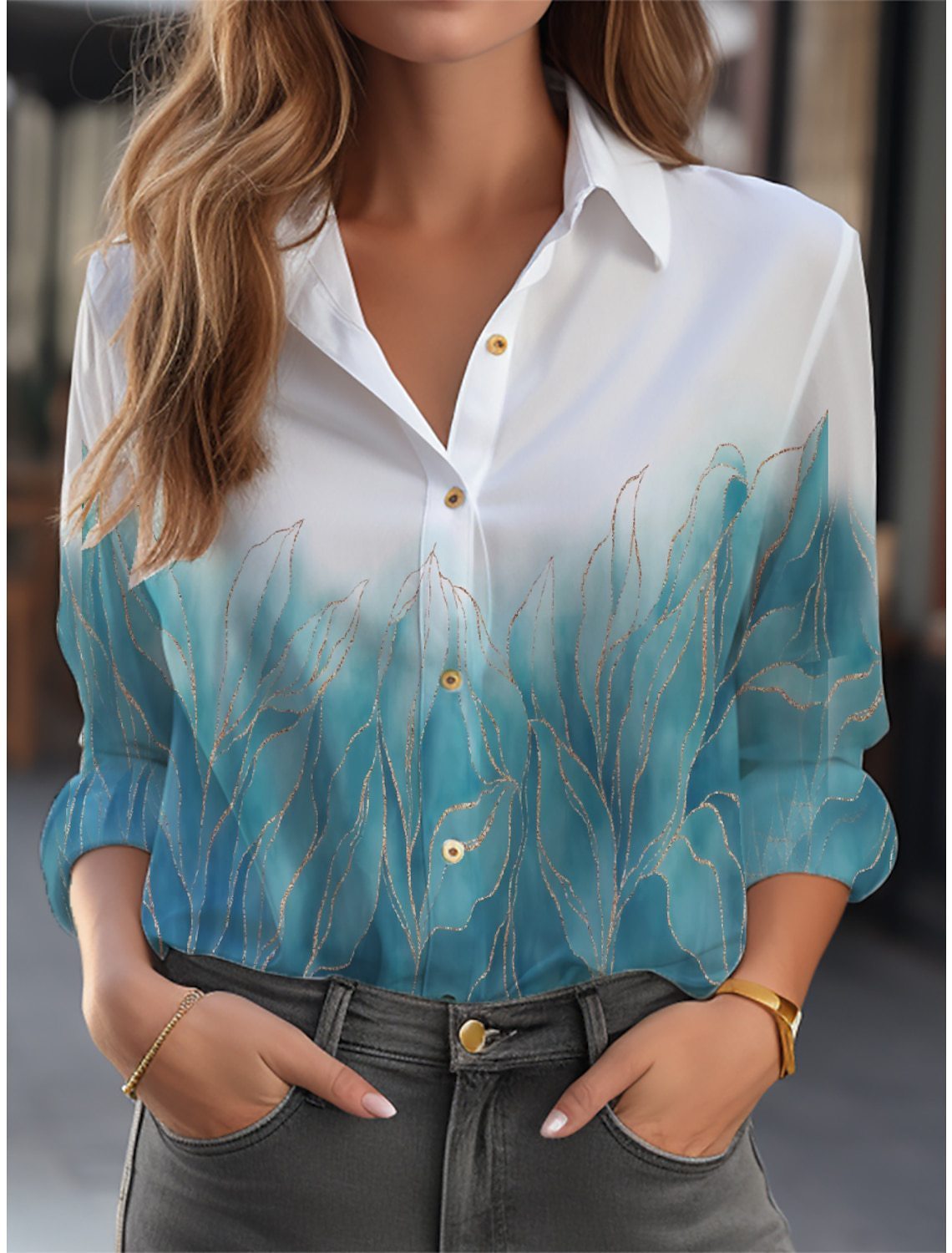 Blouse With Floral Pattern Long Sleeve Button Placket Loose Fit