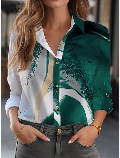 Blouse With Floral Pattern Long Sleeve Button Placket Loose Fit