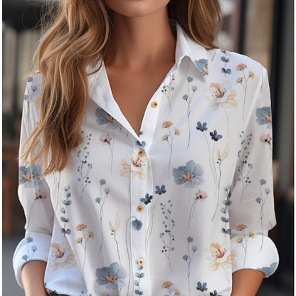 Blouse With Floral Pattern Long Sleeve Button Placket Loose Fit