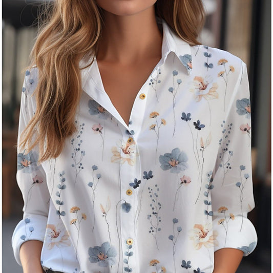 Blouse With Floral Pattern Long Sleeve Button Placket Loose Fit