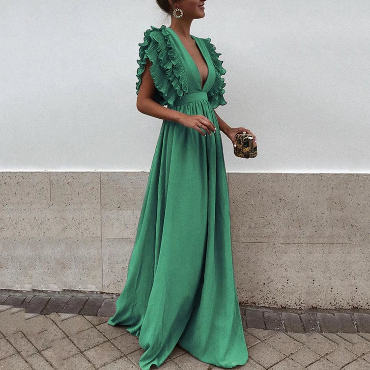 Ruffle Maxi Dress with Deep V-Neck for Elegant Occasions