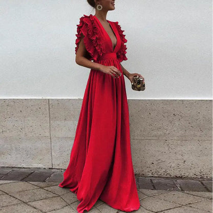 Ruffle Maxi Dress with Deep V-Neck for Elegant Occasions