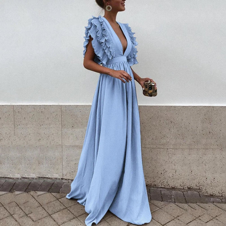 Ruffle Maxi Dress with Deep V-Neck for Elegant Occasions