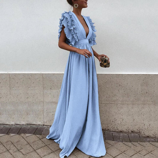 Ruffle Maxi Dress with Deep V-Neck for Elegant Occasions